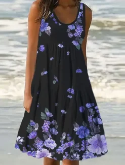 Best Women's Mini Dress Petite Dress Sundress Shift Dress Ruffle Dress Vacation Casual Outdoor Vacation Daily Regular Fit Floral Sleeveless U Neck Blue Purple Fuchsia Green Summer Spring Women Spring Dresses|Sundresses
