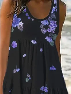 Best Women's Mini Dress Petite Dress Sundress Shift Dress Ruffle Dress Vacation Casual Outdoor Vacation Daily Regular Fit Floral Sleeveless U Neck Blue Purple Fuchsia Green Summer Spring Women Spring Dresses|Sundresses