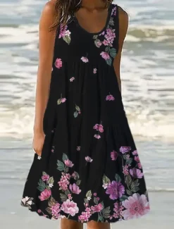 Best Women's Mini Dress Petite Dress Sundress Shift Dress Ruffle Dress Vacation Casual Outdoor Vacation Daily Regular Fit Floral Sleeveless U Neck Blue Purple Fuchsia Green Summer Spring Women Spring Dresses|Sundresses