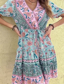 Hot Women's Mini Dress Petite Dress Casual Dress A Line Dress Summer Dress Boho Dress Stylish Ethnic Casual Vacation Daily Date Regular Fit Floral Short Sleeve V Neck Black Burgundy Green Summer Women Spring Dresses