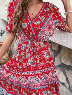 Hot Women's Mini Dress Petite Dress Casual Dress A Line Dress Summer Dress Boho Dress Stylish Ethnic Casual Vacation Daily Date Regular Fit Floral Short Sleeve V Neck Black Burgundy Green Summer Women Spring Dresses