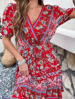 Hot Women's Mini Dress Petite Dress Casual Dress A Line Dress Summer Dress Boho Dress Stylish Ethnic Casual Vacation Daily Date Regular Fit Floral Short Sleeve V Neck Black Burgundy Green Summer Women Spring Dresses