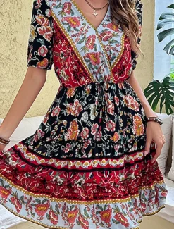 Hot Women's Mini Dress Petite Dress Casual Dress A Line Dress Summer Dress Boho Dress Stylish Ethnic Casual Vacation Daily Date Regular Fit Floral Short Sleeve V Neck Black Burgundy Green Summer Women Spring Dresses