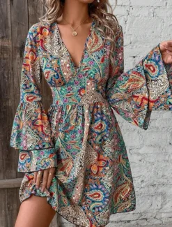 Outlet Women's Mini Dress Petite Dress Casual Dress Boho Dress Elegant Flared Sleeve Vacation Daily Date Loose Fit Graphic Long Sleeve V Neck Spring Fall Women Floral Dresses