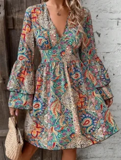 Outlet Women's Mini Dress Petite Dress Casual Dress Boho Dress Elegant Flared Sleeve Vacation Daily Date Loose Fit Graphic Long Sleeve V Neck Spring Fall Women Floral Dresses