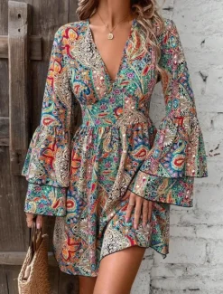 Outlet Women's Mini Dress Petite Dress Casual Dress Boho Dress Elegant Flared Sleeve Vacation Daily Date Loose Fit Graphic Long Sleeve V Neck Spring Fall Women Floral Dresses
