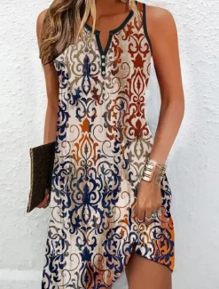 Discount Women's Mini Dress Petite Dress T Shirt Dress Tee Dress Sundress Summer Dress Vintage Ethnic Tribal Outdoor Vacation Casual Regular Fit Floral Tribal Sleeveless Split Neck Yellow Red Khaki Women Sundresses