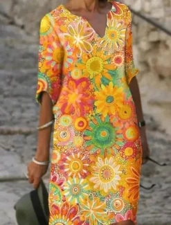 Online Women's Mini Dress Petite Dress T Shirt Dress Tee Dress Shift Dress Summer Dress Active Fashion Streetwear Outdoor Vacation Work Regular Fit Floral Half Sleeve Split Neck Yellow Pink Green Women Casual Dress|Spring Dresses