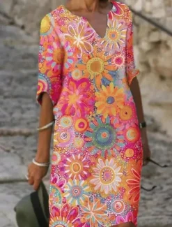Online Women's Mini Dress Petite Dress T Shirt Dress Tee Dress Shift Dress Summer Dress Active Fashion Streetwear Outdoor Vacation Work Regular Fit Floral Half Sleeve Split Neck Yellow Pink Green Women Casual Dress|Spring Dresses