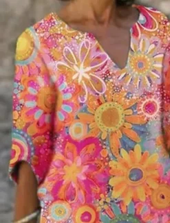 Online Women's Mini Dress Petite Dress T Shirt Dress Tee Dress Shift Dress Summer Dress Active Fashion Streetwear Outdoor Vacation Work Regular Fit Floral Half Sleeve Split Neck Yellow Pink Green Women Casual Dress|Spring Dresses