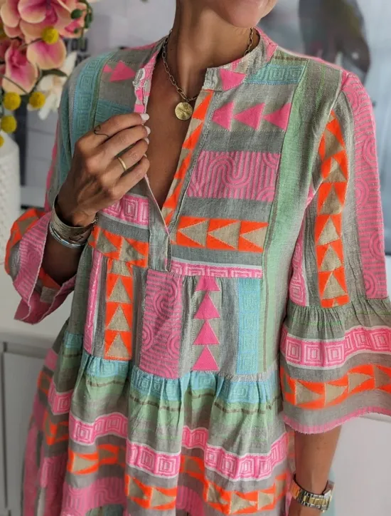 New Women's Mini Dress Petite Dress Casual Dress Swing Dress Boho Dress Casual Daily Regular Fit Geometric 3/4 Length Sleeve V Neck Summer Spring Fall Women Floral Dresses