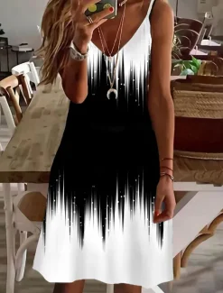 Discount Women's Mini Dress Petite Dress Casual Dress Mini Dress Petite Dress Sundress Summer Dress Stylish Sexy Casual Outdoor Vacation Daily Regular Fit Color Gradient Sleeveless V Neck Black And White Women Sundresses