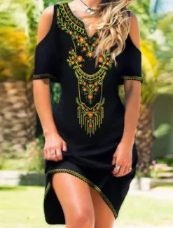 Online Women's Mini Dress Petite Dress Casual Dress Boho Dress Vintage Ethnic Casual Daily Regular Fit Floral Butterfly Short Sleeve Notched Neck Black White Blue Summer Spring Fall Women Floral Dresses