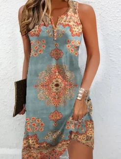New Women's Mini Dress Petite Dress T Shirt Dress Tee Dress Sundress Summer Dress Vintage Ethnic Tribal Outdoor Vacation Casual Regular Fit Floral Color Block Tribal Sleeveless Split Neck Women Spring Dresses|T Shirt Dresses