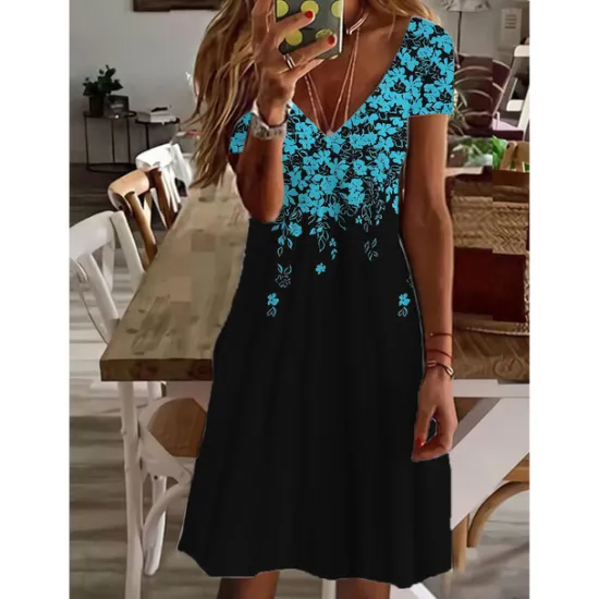 Outlet Women's Mini Dress Petite Dress Petite Dress T Shirt Dress Tee Dress Sundress Summer Dress Active Fashion Streetwear Outdoor Vacation Birthday Regular Fit Floral Short Sleeve V Neck Black Women Spring Dresses|T Shirt Dresses