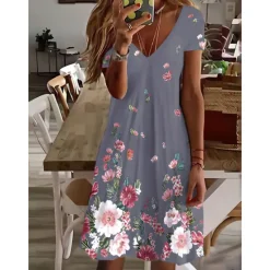 Outlet Women's Mini Dress Petite Dress Petite Dress T Shirt Dress Tee Dress Sundress Summer Dress Active Fashion Streetwear Outdoor Vacation Birthday Regular Fit Floral Short Sleeve V Neck Black Women Spring Dresses|T Shirt Dresses