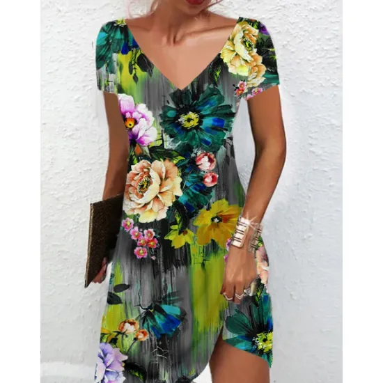 Outlet Women's Mini Dress Petite Dress Petite Dress T Shirt Dress Tee Dress Sundress Summer Dress Active Fashion Streetwear Outdoor Vacation Birthday Regular Fit Floral Short Sleeve V Neck Black Women Spring Dresses|T Shirt Dresses