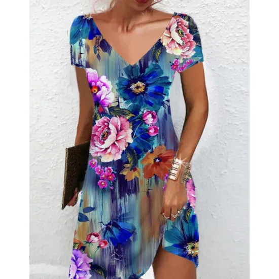 Outlet Women's Mini Dress Petite Dress Petite Dress T Shirt Dress Tee Dress Sundress Summer Dress Active Fashion Streetwear Outdoor Vacation Birthday Regular Fit Floral Short Sleeve V Neck Black Women Spring Dresses|T Shirt Dresses