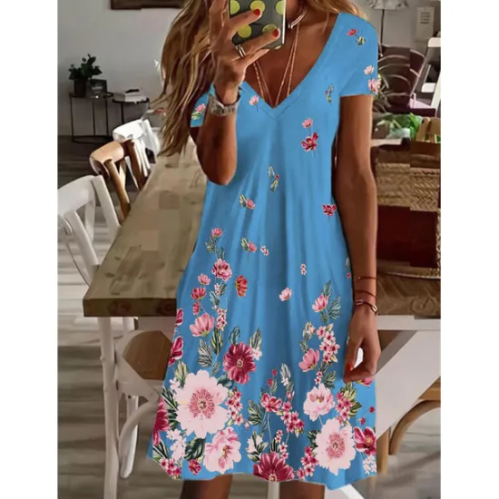 Outlet Women's Mini Dress Petite Dress Petite Dress T Shirt Dress Tee Dress Sundress Summer Dress Active Fashion Streetwear Outdoor Vacation Birthday Regular Fit Floral Short Sleeve V Neck Black Women Spring Dresses|T Shirt Dresses