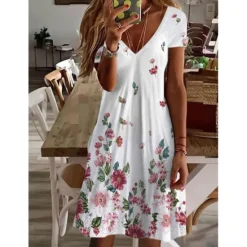 Outlet Women's Mini Dress Petite Dress Petite Dress T Shirt Dress Tee Dress Sundress Summer Dress Active Fashion Streetwear Outdoor Vacation Birthday Regular Fit Floral Short Sleeve V Neck Black Women Spring Dresses|T Shirt Dresses