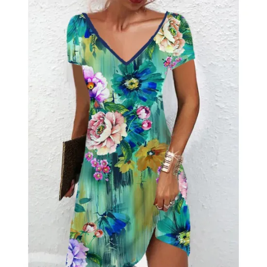 Outlet Women's Mini Dress Petite Dress Petite Dress T Shirt Dress Tee Dress Sundress Summer Dress Active Fashion Streetwear Outdoor Vacation Birthday Regular Fit Floral Short Sleeve V Neck Black Women Spring Dresses|T Shirt Dresses