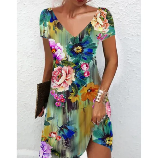 Outlet Women's Mini Dress Petite Dress Petite Dress T Shirt Dress Tee Dress Sundress Summer Dress Active Fashion Streetwear Outdoor Vacation Birthday Regular Fit Floral Short Sleeve V Neck Black Women Spring Dresses|T Shirt Dresses