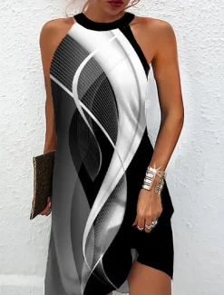 New Women's Mini Dress Petite Dress Petite Dress Sundress Summer Dress Halter Neck Dress Active Fashion Streetwear Outdoor Vacation Daily Regular Fit Ombre Color Block Marble Sleeveless Halter Women Sundresses