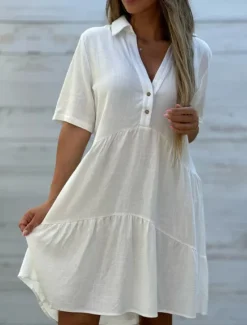 Women's Mini Dress Petite Dress White Dress Shirt Dress Casual Dress Summer Dress Fashion Classic Modern Daily Weekend Regular Fit Plain Half Sleeve Shirt Collar Black White Red Blue Summer Women White Dresses