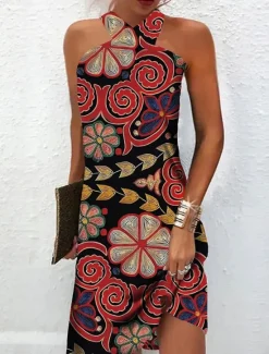 Discount Women's Mini Dress Petite Dress Shift Dress Summer Dress Print Dress Bohemia Vintage Fashion Vacation Casual Daily Loose Fit Graphic Geometric Sleeveless Halter Neck Wine Blue Summer Spring Women Sundresses