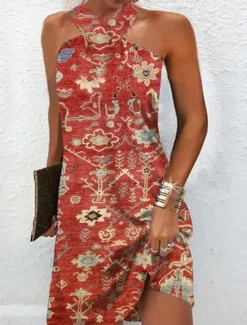 Discount Women's Mini Dress Petite Dress Shift Dress Summer Dress Print Dress Bohemia Vintage Fashion Vacation Casual Daily Loose Fit Graphic Geometric Sleeveless Halter Neck Wine Blue Summer Spring Women Sundresses