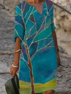 Outlet Women's Mini Dress Petite Dress T Shirt Dress Tee Dress Shift Dress Summer Dress Bohemia Modern Boho Vacation Work Casual Regular Fit Floral Tree Half Sleeve V Neck Blue Green Gray Summer Women T Shirt Dresses