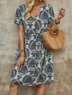 New Women's Mini Dress Petite Dress Casual Dress Boho Chic Dresses T Shirt Dress Tee Dress Boho Dress Bohemia Vintage Casual Vacation Daily Loose Fit Floral Short Sleeve V Neck Blue Green Summer Spring Women Floral Dresses