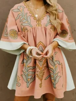 Hot Women's Mini Dress Petite Dress Casual Dress Boho Dress Bohemia Vintage Casual Vacation Daily Regular Fit Floral 3/4 Length Sleeve V Neck Fuchsia Orange Green Spring Fall Women Spring Dresses