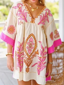 Hot Women's Mini Dress Petite Dress Casual Dress Boho Dress Bohemia Vintage Casual Vacation Daily Regular Fit Floral 3/4 Length Sleeve V Neck Fuchsia Orange Green Spring Fall Women Spring Dresses