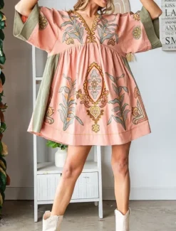 Hot Women's Mini Dress Petite Dress Casual Dress Boho Dress Bohemia Vintage Casual Vacation Daily Regular Fit Floral 3/4 Length Sleeve V Neck Fuchsia Orange Green Spring Fall Women Spring Dresses