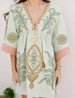 Hot Women's Mini Dress Petite Dress Casual Dress Boho Dress Bohemia Vintage Casual Vacation Daily Regular Fit Floral 3/4 Length Sleeve V Neck Fuchsia Orange Green Spring Fall Women Spring Dresses