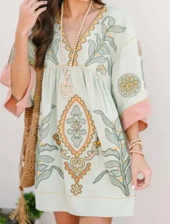 Hot Women's Mini Dress Petite Dress Casual Dress Boho Dress Bohemia Vintage Casual Vacation Daily Regular Fit Floral 3/4 Length Sleeve V Neck Fuchsia Orange Green Spring Fall Women Spring Dresses