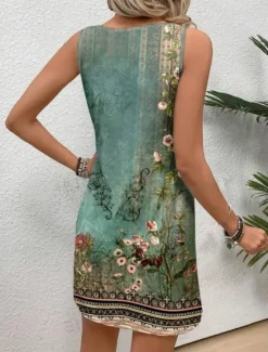 Clearance Women's Mini Dress Petite Dress Sundress Tank Dress Summer Dress Stylish Casual Vacation Daily Holiday Loose Fit Floral Sleeveless Crew Neck Blue Purple Green Summer Women T Shirt Dresses