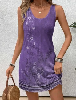 Clearance Women's Mini Dress Petite Dress Sundress Tank Dress Summer Dress Stylish Casual Vacation Daily Holiday Loose Fit Floral Sleeveless Crew Neck Blue Purple Green Summer Women T Shirt Dresses