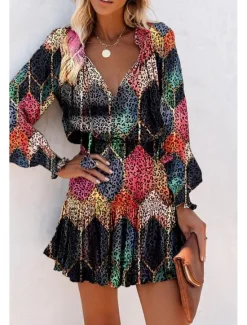 Outlet Women's Mini Dress Petite Dress Print Dress Fashion Daily Holiday Going out Regular Fit Flower Long Sleeve V Neck Black Red Khaki Rose Red Summer Women Floral Dresses