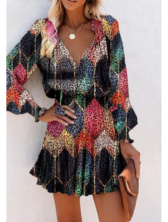 Outlet Women's Mini Dress Petite Dress Print Dress Fashion Daily Holiday Going out Regular Fit Flower Long Sleeve V Neck Black Red Khaki Rose Red Summer Women Floral Dresses