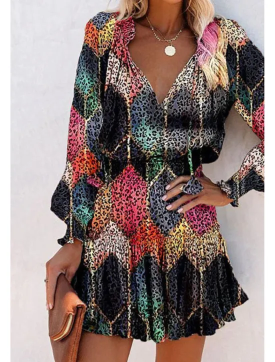 Outlet Women's Mini Dress Petite Dress Print Dress Fashion Daily Holiday Going out Regular Fit Flower Long Sleeve V Neck Black Red Khaki Rose Red Summer Women Floral Dresses