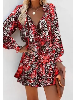 Outlet Women's Mini Dress Petite Dress Print Dress Fashion Daily Holiday Going out Regular Fit Flower Long Sleeve V Neck Black Red Khaki Rose Red Summer Women Floral Dresses
