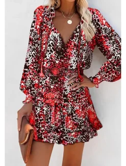 Outlet Women's Mini Dress Petite Dress Print Dress Fashion Daily Holiday Going out Regular Fit Flower Long Sleeve V Neck Black Red Khaki Rose Red Summer Women Floral Dresses