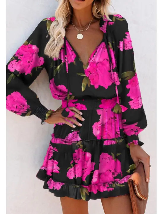 Outlet Women's Mini Dress Petite Dress Print Dress Fashion Daily Holiday Going out Regular Fit Flower Long Sleeve V Neck Black Red Khaki Rose Red Summer Women Floral Dresses