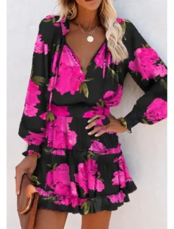 Outlet Women's Mini Dress Petite Dress Print Dress Fashion Daily Holiday Going out Regular Fit Flower Long Sleeve V Neck Black Red Khaki Rose Red Summer Women Floral Dresses