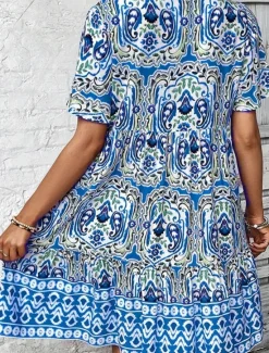 Outlet Women's Mini Dress Petite Dress Casual Dress Boho Chic Dresses Boho Dress Bohemia Cute Ethnic Vacation Daily Beach Loose Fit Floral Graphic Short Sleeve V Neck Blue Orange Summer Spring Women Spring Dresses