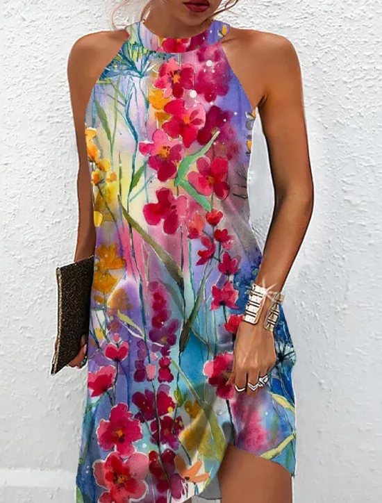 Online Women's Mini Dress Petite Dress Sundress Summer Dress Halter Neck Dress Active Fashion Streetwear Outdoor Vacation Daily Regular Fit Floral Sleeveless Halter Neck Light Green Royal Blue Women T Shirt Dresses
