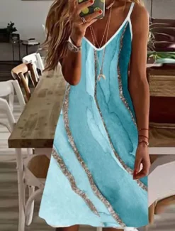 Clearance Women's Mini Dress Petite Dress Petite Dress Sundress A Line Dress Summer Dress Vacation Fashion Stylish Outdoor Vacation Daily Regular Fit Ombre Marble Sleeveless V Neck Summer Women Sundresses