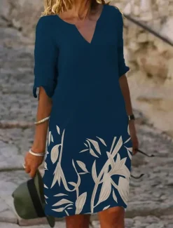 Online Women's Mini Dress Petite Dress T Shirt Dress Tee Dress Shift Dress Summer Dress Active Fashion Streetwear Outdoor Vacation Work Regular Fit Floral Half Sleeve Split Neck Navy Blue Blue Women T Shirt Dresses